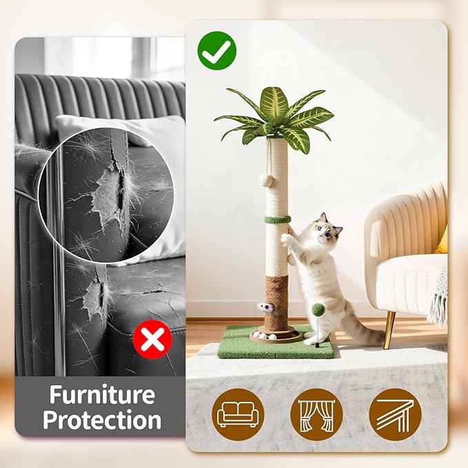Tall Cat Scratching Post Vertical Pole for Indoor, 35" Palm Tree Sisal Scratch Post for Large Cats Kittens, Heavy Duty Wooden Carpet Pole with Ball Track Leaves, Furniture Protection