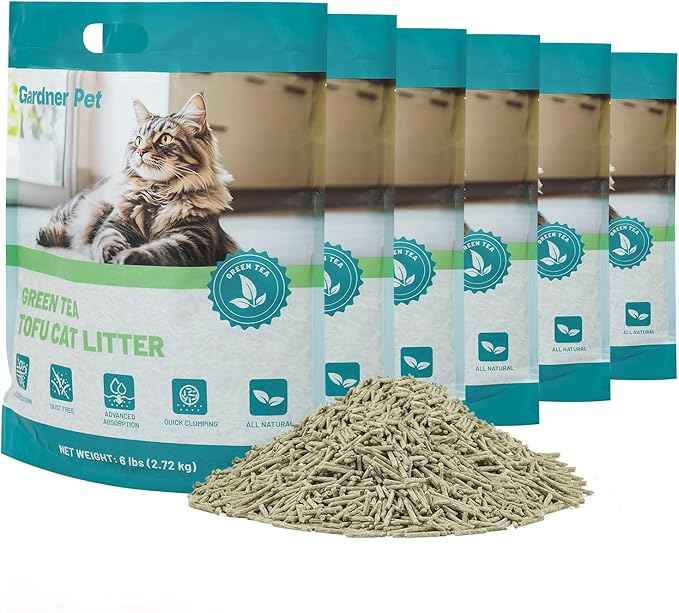 Gardner Pet Natural Tofu Cat Litter, Cat Litter with Green Tea Extract – Dust-Free, Fast Clumping, Flushable, and Odor Control for Multi-Cat Homes/6lbs x 6 Pack