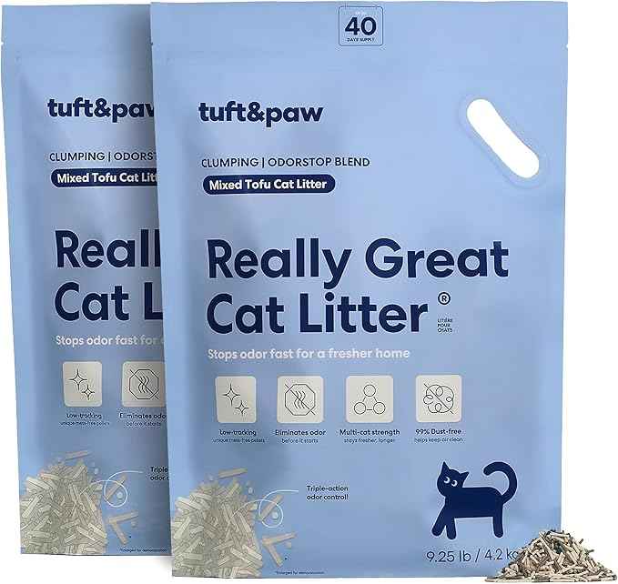 Tuft & Paw Really Great Cat Litter OdorStop, Low Tracking Mixed Tofu Cat Litter, Clumping, Multi-cat, Odor Control, Dust-Free - 9.25lbs x 2Bags (OdorStop)