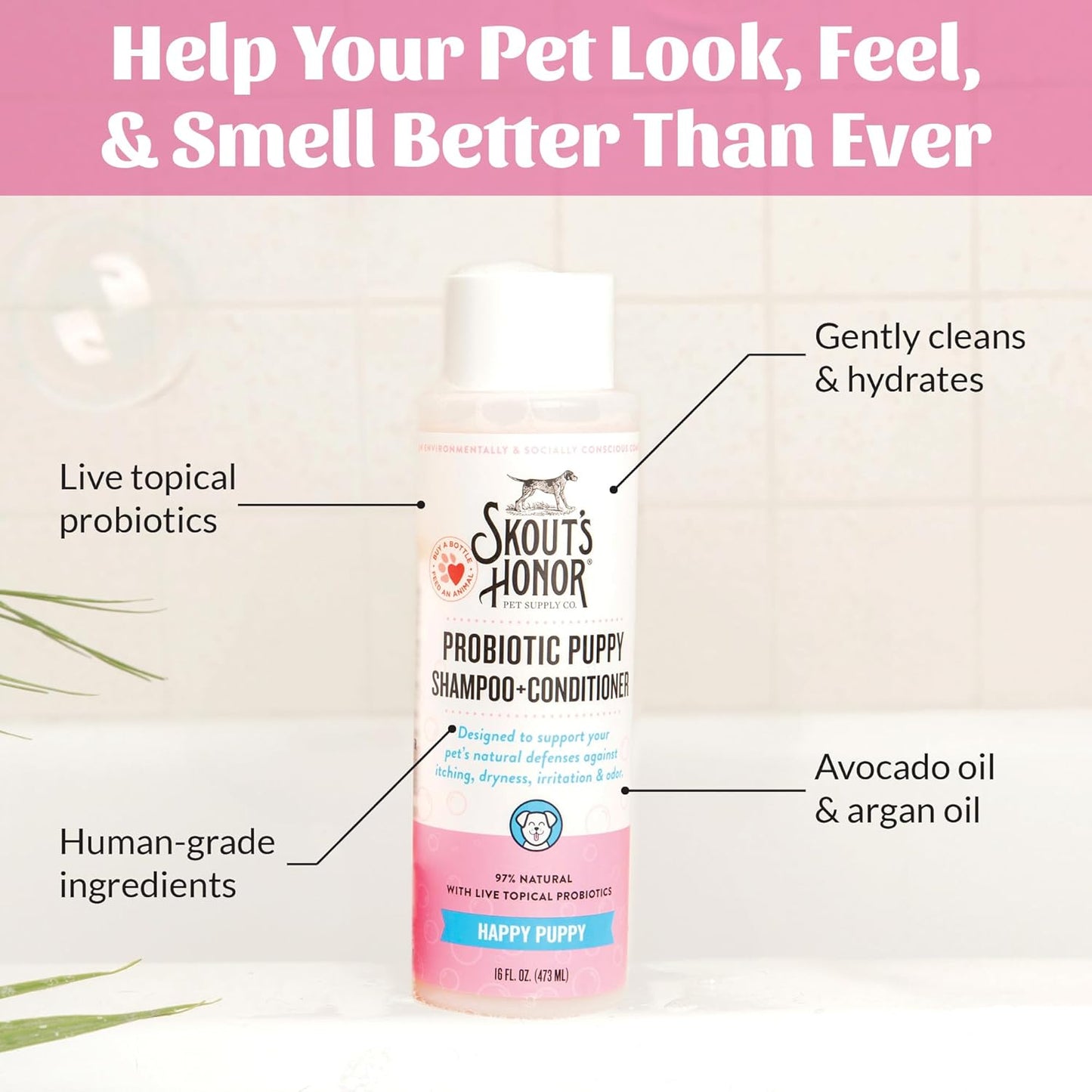 Skout's Honor Probiotic Dog Shampoo & Conditioner with Avocado Oil & Omega-3s, 97% Natural, Paraben & Sulfate-Free, Cruelty-Free, 16oz, Happy Puppy, 2-Pack