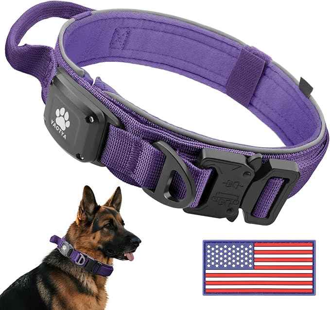 2026 Upgrade Dog Collar with IPX8 Waterproof AirTag Holder,Military Tactical Comfortable Control Handle and Ultra-Durable Metal Buckle/Night Reflective,GPS Collar for Medium to Large Dog（Purple/M）