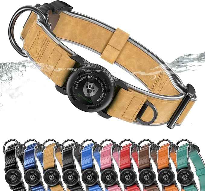 WhoseID Premium Leather Dog Collar - Waterproof AirTag Dog Collar | Magnetic Buckle Heavy Duty Collar | Medium Reflective Dog Collar with AirTag Holder