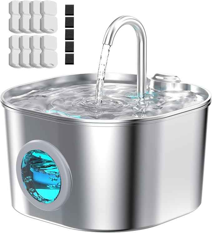 Cat Water Fountain with 8 Filters + 5 Sponges,Small Pet Waterer Dispenser Fountains for Drinking Cats Indoor Metal Automatic Waterer Bowl 24/7 Running Auto Kitty Watering Supplies Quiet Pump