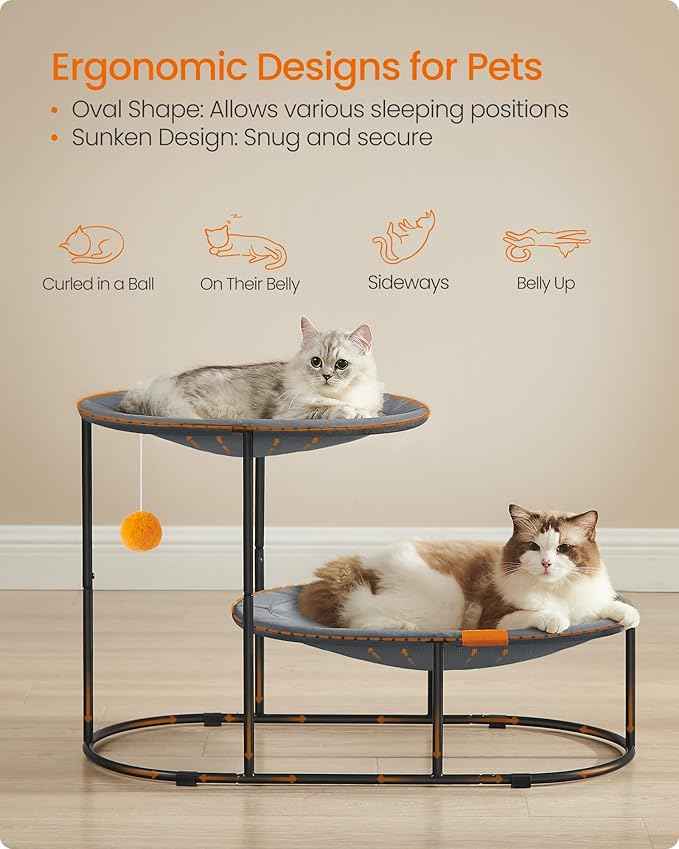 Feandrea 2-Tier Elevated Cat Hammock Bed, Breathable Furniture for Multi-Cat Households Indoor and Outdoor, with Removable Washable Mesh, Steel Frame, for Summer, Dove Gray UPCB012G01