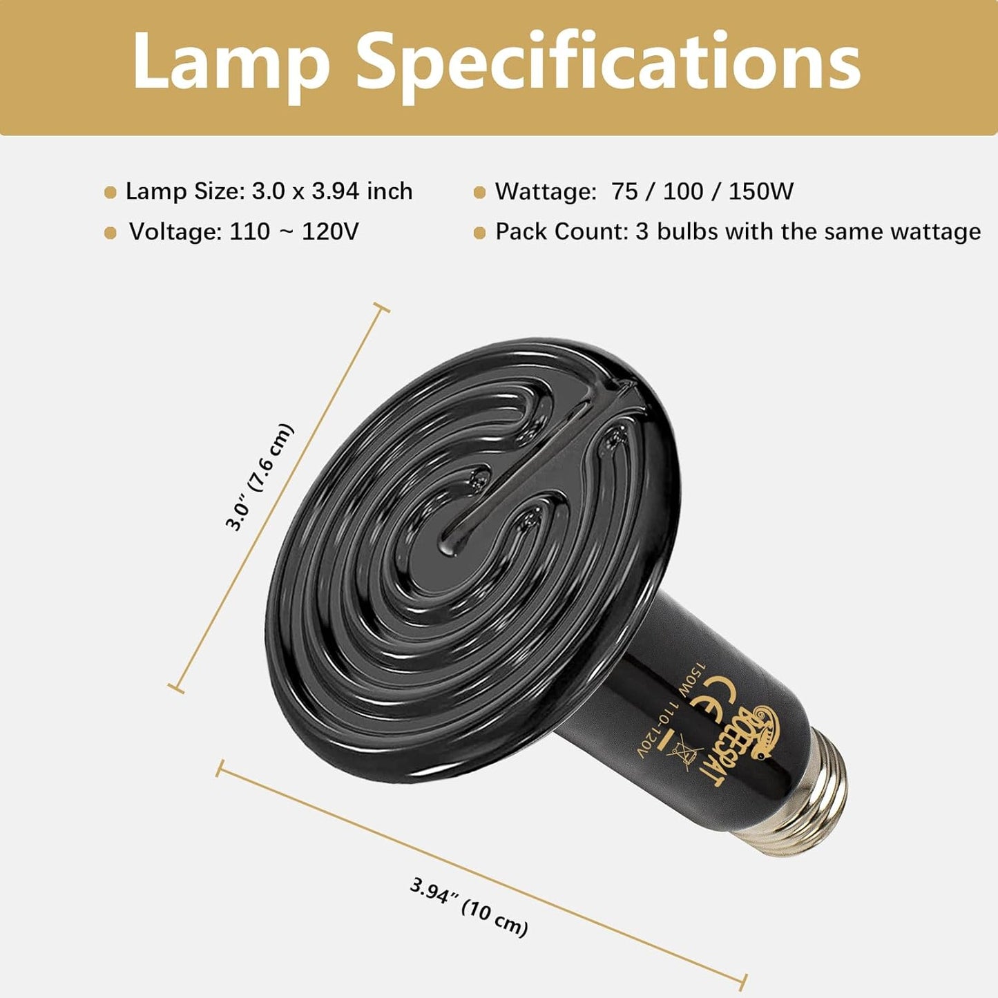 Energy Efficient 75W Reptile Heat Bulbs, Pack of 3 Ceramic Heat Emitters for Geckos, Turtle, Snake, Bearded Dragon, Lizards, Iguana, Reptile & Amphibians
