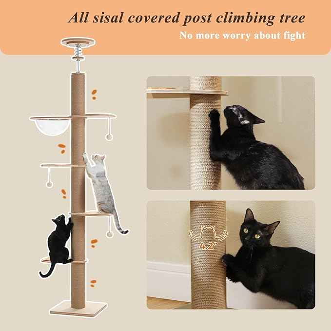 PETEPELA Floor to Ceiling Cat Tree, Adjustable Height(79-103'') Solid Wooden Tall Cat Tower for Indoor Cats with Sisal Scratching Post, Acrylic Bowl and Play Pompom, Wooden Beige