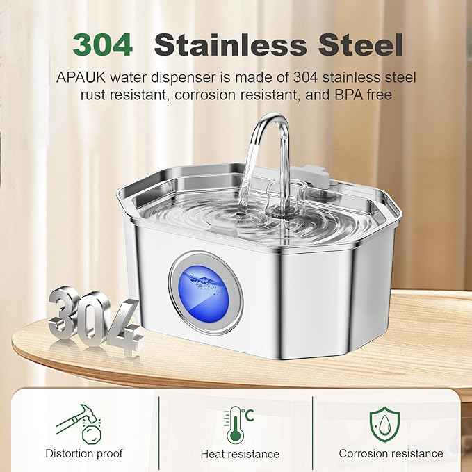 Cat Water Fountain Stainless Steel 108oz/3.2L, APAUK Automatic Pet Fountain Dog Water Dispenser with Water Level Window, Quiet Cat Fountain for Drinking, Inside with Replacement(4 Filters&4 Sponges)