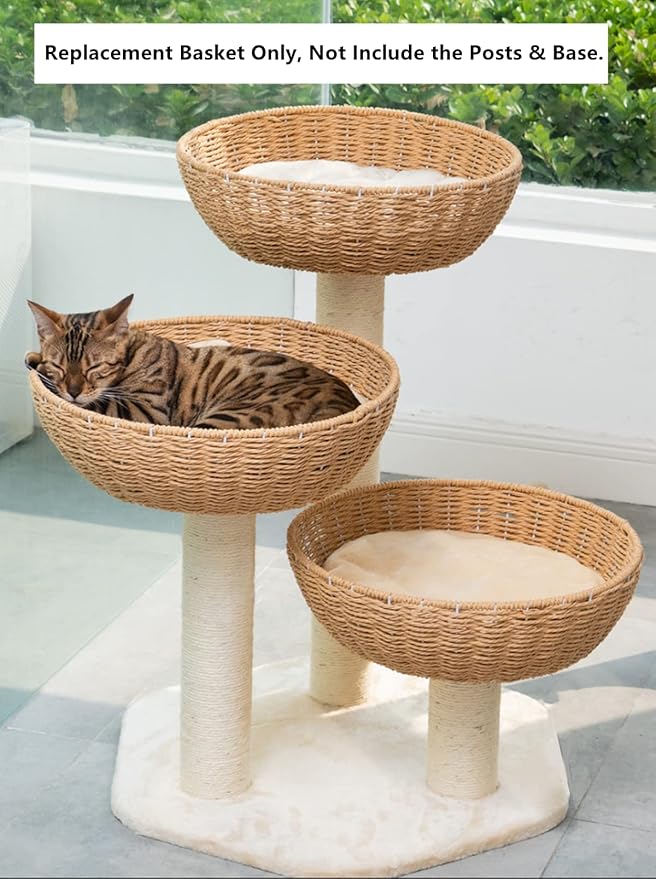 SHENGOCASE Cat Tower Tree Add ons Accessories Replacement Part Basket Bed, Handwoven Wicker Rattan Nest Bowl with Soft Cushion (1pc)