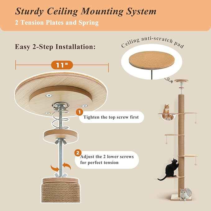 PETEPELA Floor to Ceiling Cat Tree, Adjustable Height(79-103'') Solid Wooden Tall Cat Tower for Indoor Cats with Sisal Scratching Post, Acrylic Bowl and Play Pompom, Wooden Beige