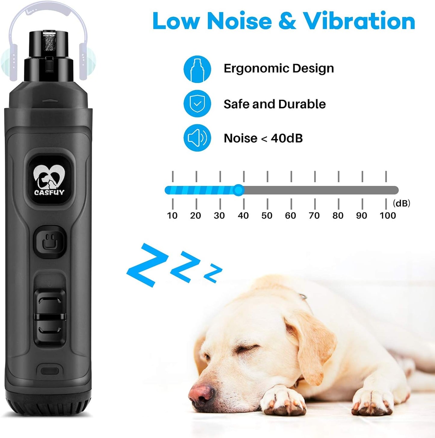 Casfuy Dog Nail Grinder with 2 LED Light - New Version 2-Speed Powerful Electric Pet Nail Trimmer Professional Quiet Painless Paws Grooming & Smoothing for Small Medium Large Dogs and Cats (Grey)