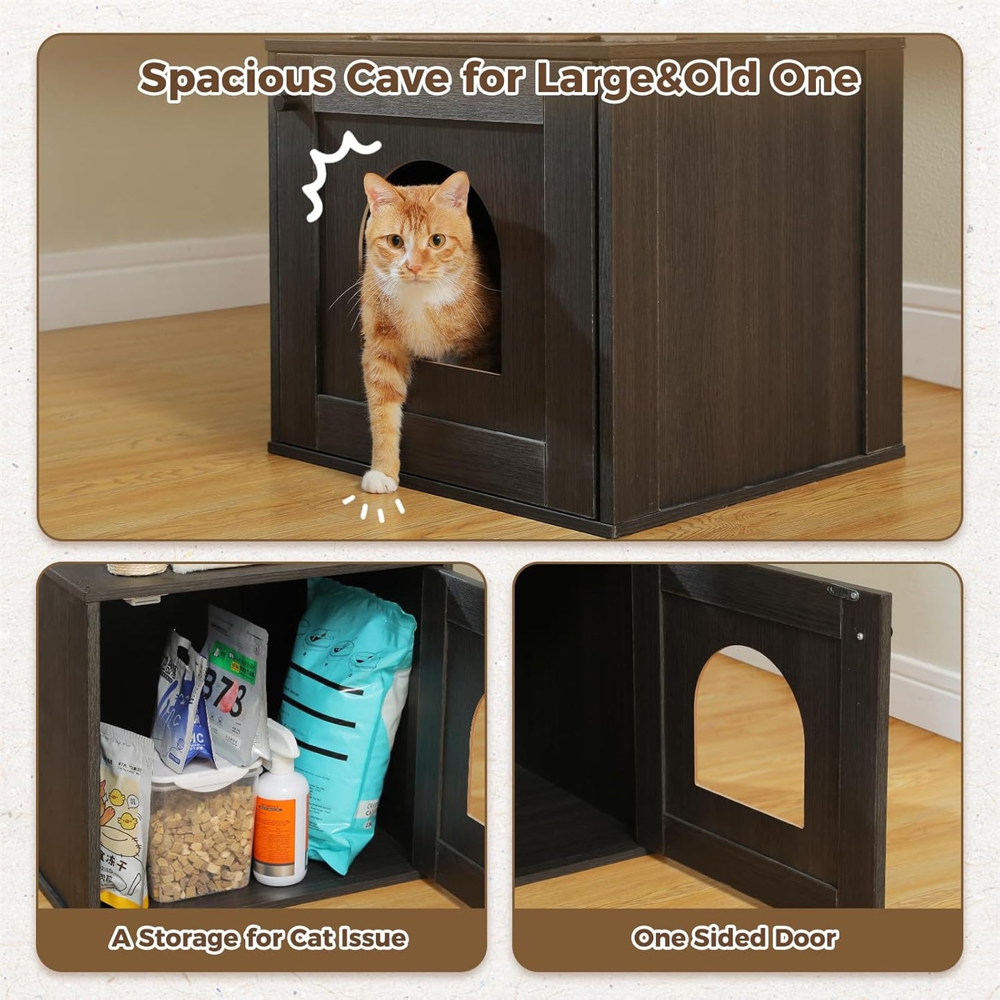 Tall Cat Tree with Litter Box Enclosure 57.5" Wooden Cat Tower for Large Cats with Cat Hammock House Bed (Pure Black)