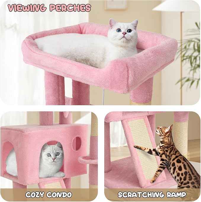 MoNiBloom 36 Inch Cat Tree Tower with Condo, Small Cat Tower with Scratching Post & Sisal-Covered Scratching Board, Climbing Tower with Hammock, for Indoor Cats, Soft Pink