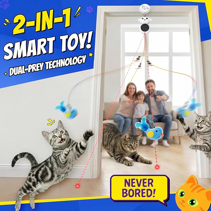 Interactive Cat Toys for Indoor Cats - 2 in 1 Automatic Laser Pointer Cat Toy with Feather Flying Bird，Smart Moving Mouse Wand Toy with 2 Modes, Auto On/Off Hanging Toys for Bored Kitten & Adult Cats
