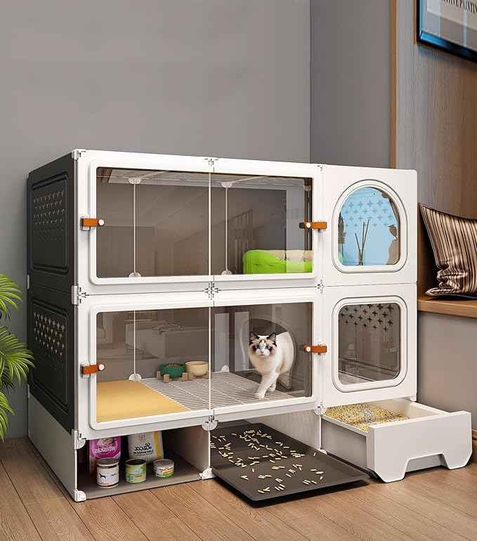 Cat Cage Cat Enclosure with Litter Box & Clear Sliding Door, Expandable Cat Playpen, Detachable Metal, Cat Cage Indoor and Outdoor, Ferret Cage