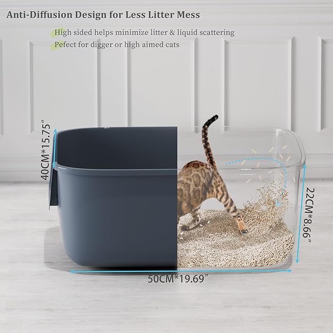 Vealind Large Cat Litter Box High Sided Entry Cat Litter Pan 50 x 40 x 22 CM, Anti-Splashing Deep Tall Cat Boxes for Indoor Cats Basics Kitty Litter Box (Grey)