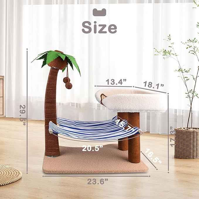 Cat Tree with Cat Bed Tower, 29.5 Inches Tall Cat Scratcher with Hammock for Indoor Cats, Sisal Rope Cat Scratch Post Tall with Hanging Ball for Small Cat Kitten