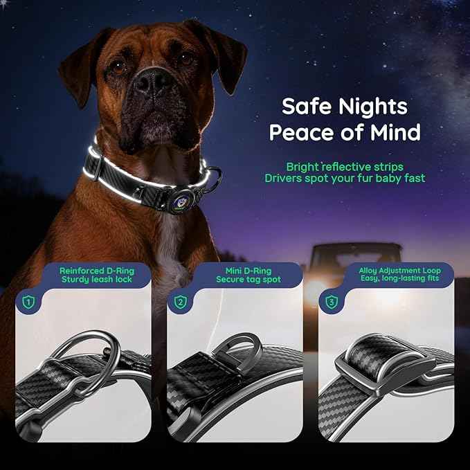 WhoseID Premium Leather Dog Collar - AirTag Dog Collar | Fur-Safe Magnetic Buckle | IPX8 Waterproof Reflective Small Dog Collar with AirTag Holder