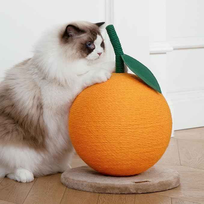 VETRESKA Orange Cat Scratching Post, Cute Cat Scratcher with Jute Rope, Vertical Cat Scratch Post for Indoor Cat and Kitten, Cat Scratching Ball