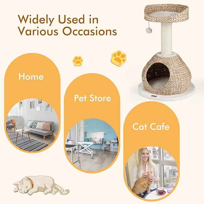 PETSITE 28-inch Modern Cat Tree, Small Cute Cat Tower Sisal Scratching Post, Hand-Made Wicker Condo and Top Perch, Interative Dangling Ball, Ideal for Indoor Cats