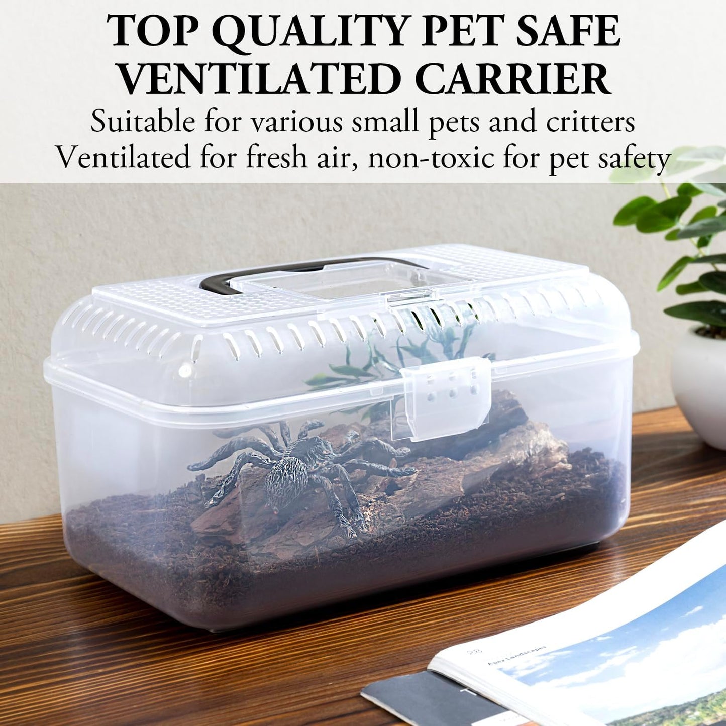 MyGift 9.5 x 6 Inch Clear Portable Insect Reptile Terrarium Tank with Black Carrying Handle, Transparent Travel Carrier for Insects Arachnids Amphibians Small Reptiles - FurryFun