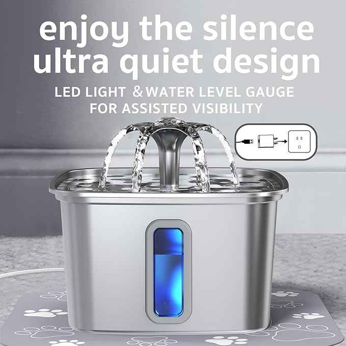 Veken Innovation Award Winner Stainless Steel Cat Water Fountain, 108oz/3.2L Automatic Pet Fountain Dog Water Dispenser with 3 Replacement Filters & Silicone Mat, Gifts for Cats, Dogs (Silver)