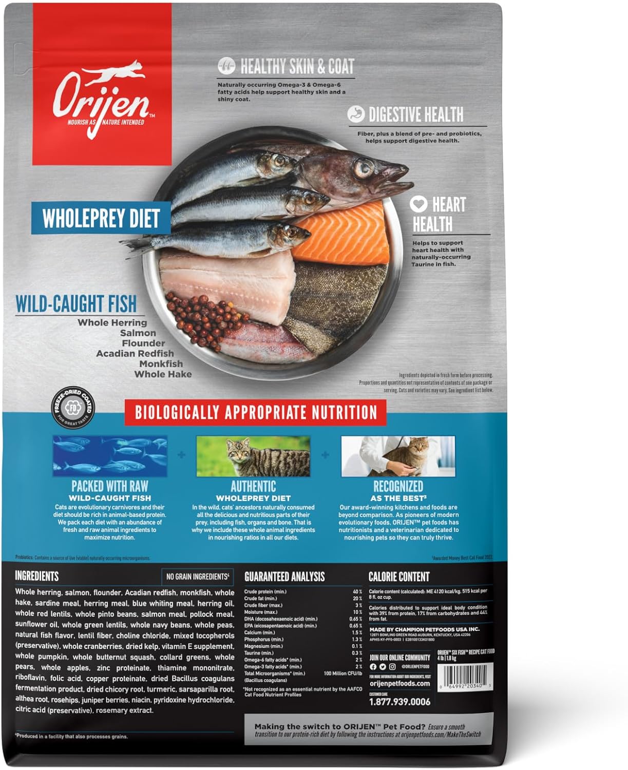 ORIJEN Grain Free High Protein Premium Dry Cat Food Six Fish Recipe 4lb Bag