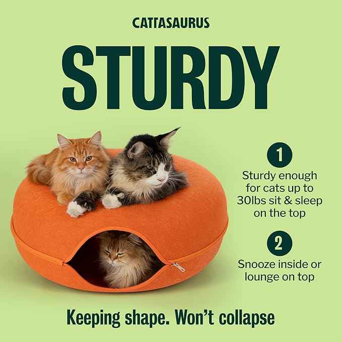 Cattasaurus Peekaboo Cat Cave, Extra Spacious for Multiple & Large Cats 15+ lbs, Scratch Detachable Cat Beds for Indoor Cats, Washable Tunnel Bed, Comfy Donut Tunnel (Orange, Jumbo)
