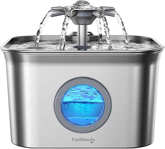 Stainless Steel Cat Water Fountain, 99oz/2.8L Auto Pet Drinking Fountain with 20dB Ultra-Quiet Pump- Ideal for Timid Pets, LED Water Level Window, Dishwasher Safe, 24/7 Circulating Flow - FEELNEEDY