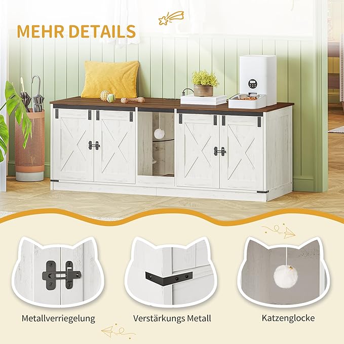 Cat Litter Box Enclosure for 2 Cats, Hidden Litter Box Furniture Cabinet with Double Room, Indoor Cats House with USB Ports & Power Outlets, Farmhouse Style, Rustic Brown and White CB82514XV1