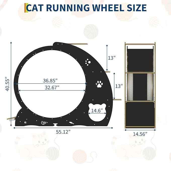 Cat Running Wheel for Indoor Cats, Large 6-in-1 Cat Treadmill with Bowls, Scratch Post & Resting House, Quiet Cats Wheel Exerciser for Kitty Fitness Black