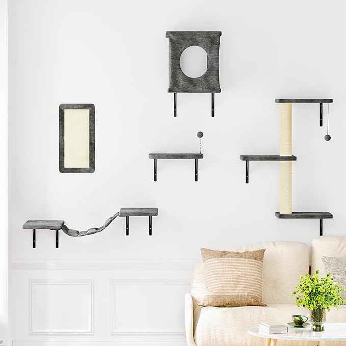 NUNU LAB Wall Mounted Cat Wall Shelves, 10-in-1 Cat Wall Climber with Kitten House, Bridge, Steps, Scratcher, Indoor Space-Saving Furniture for Kittens Play, Gray