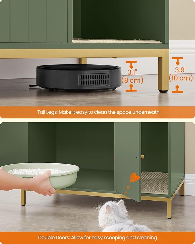 Feandrea Cat Litter Box Enclosure, Hidden Litter Box Furniture with Scratch Pad, Front Entry, Double Cabinet Doors, Modern Style, 31.5" Cat House Washroom Side End Table, Forest Green and Gold