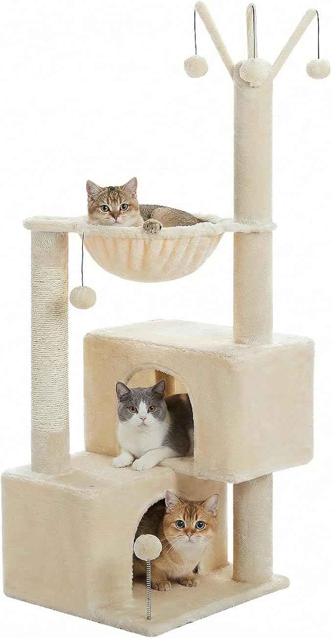 Cat Tree 45" for Indoor Cats, Compact Cat Tower with 2 Condos, Hammock Bed & 5 Hanging Ball Toys, Space-Saving Sturdy Cat Condo Furniture for Kittens & Small-Medium Cats