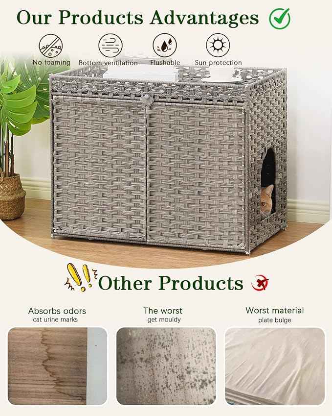Cat Litter Box Enclosure Furniture, Handwoven Rattan Hidden Litter Box with Mat, Large Space Cat House with 2 S-Shaped Hooks 30.3 x 18.3 x 24.4 Inches, Indoor for Living Room Apartment Gray