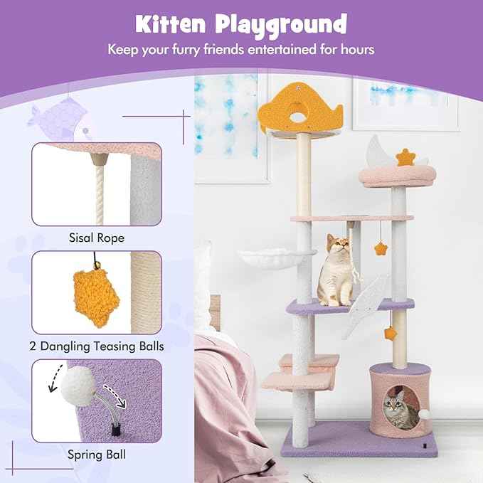 PETSITE Star and Moon-Themed Cat Tree Tower, Multi-Level Modern Cat Tower with Sisal Scratching Posts, Cat Condo, Side Hammock, Hanging Dangling Toys, Cute Cat Tree for Indoor Cats (66 Inch Tall)