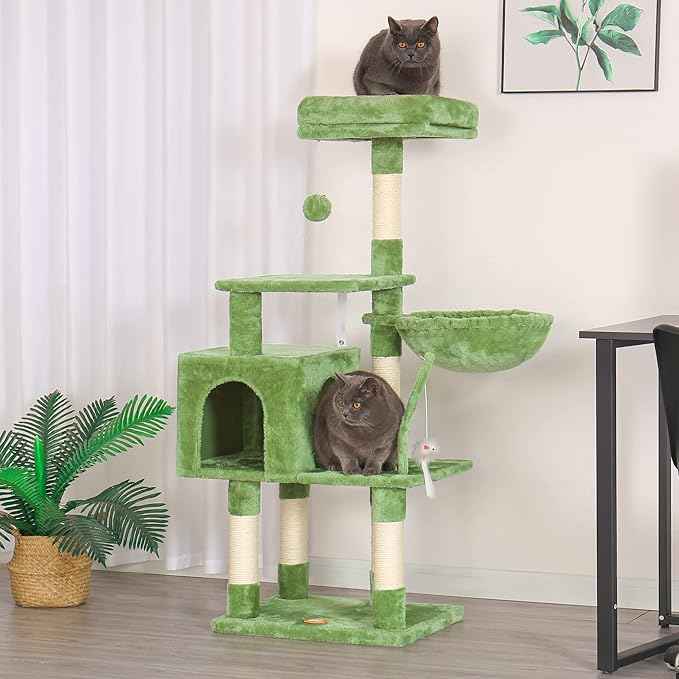 Heybly Cat Tree with Toy, Cat Tower Condo for Indoor Cats, Cat House with Padded Plush Perch, Cozy Hammock and Sisal Scratching Posts, Green HCT004GR