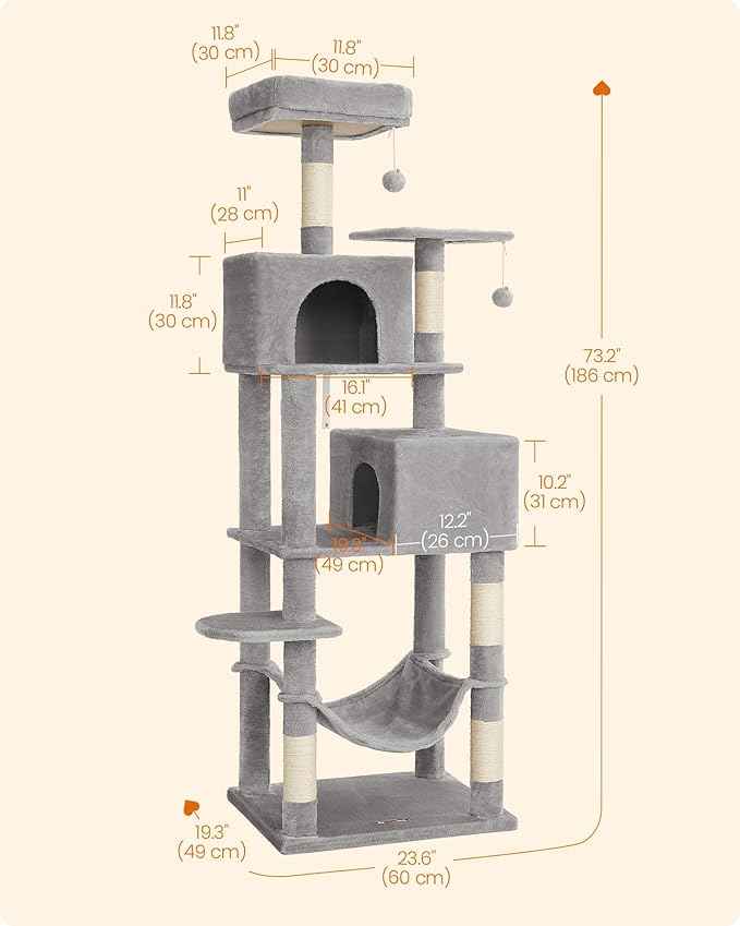Feandrea Cat Tree, 73.2-Inch Tall Cat Tower, Plush Multi-Level Condo with 5 Scratching Posts, 2 Perches, 2 Caves, Hammock, 2 Pompoms, Light Gray UPCT191W01