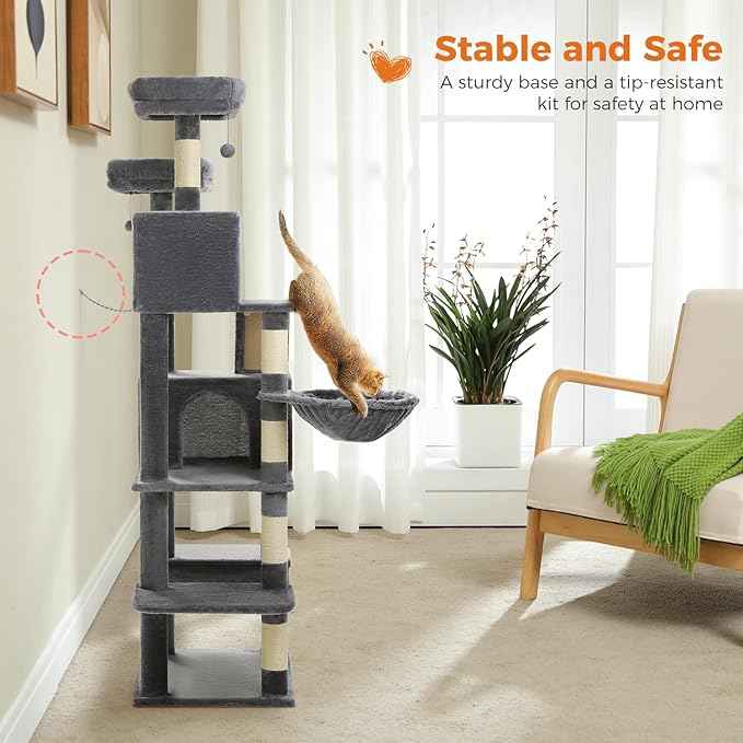 70.8" Tall Cat Tree for Large Cats, Multi-Level Cat Tower with 8 Sisal Scratching Posts, 2 Top Perches, Big Condo, Large Hammock, and Cat Furniture for Indoor Cats, Dark Gray