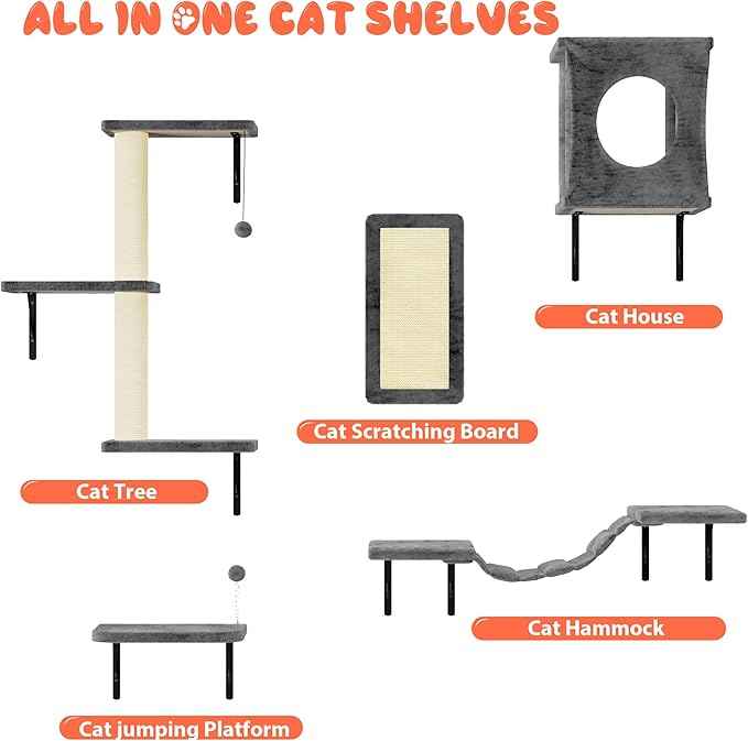 NUNU LAB Cat Wall Shelves, 5Pc Wall Mounted Cat Climber, Floating Perch, Bridge,Tree, House, Modern Indoor Furniture for Kitten - Gray