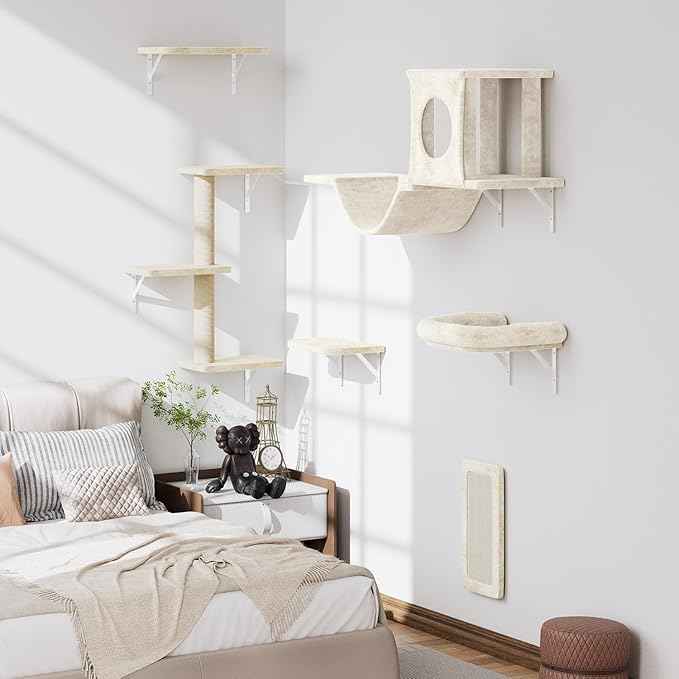 NUNU LAB Wall Mounted Cat Wall Shelves, 12-in-1 Cat Wall Climber with Condos House, Scratching Post, Bridge Ladder, Indoor Space-Saving Furniture for Kittens Play, Beige