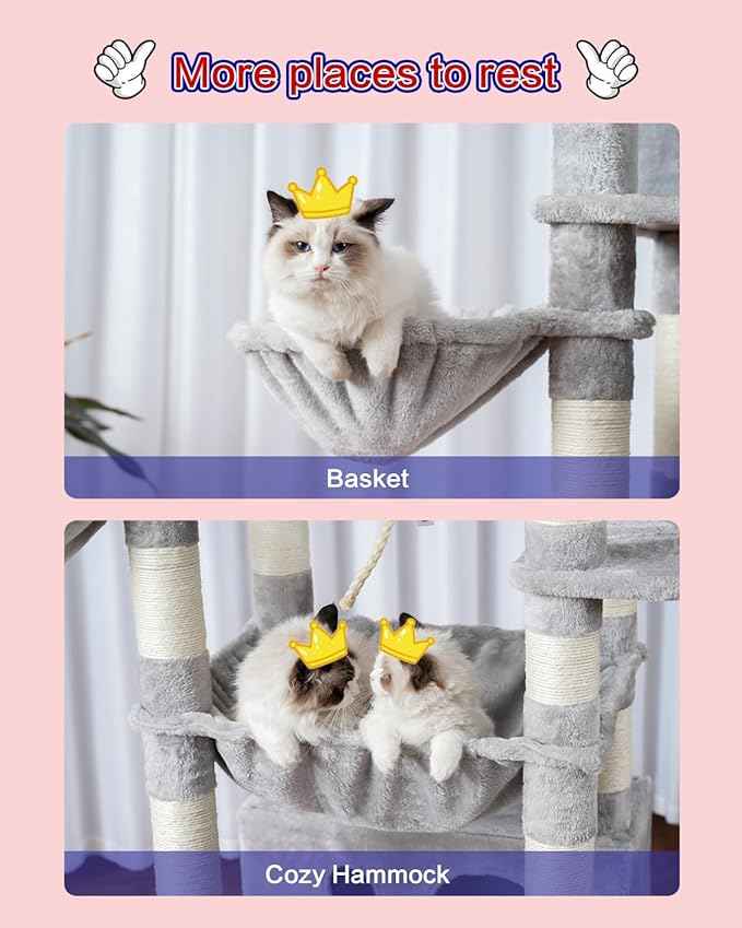 Cat Tree for Indoor Cats Large Adult, 74" Cat Tower with 3 Big Platforms, 2 Baskets, 2 Condos, Multi-Level Cat Scratching Posts, Light Gray GCT030W
