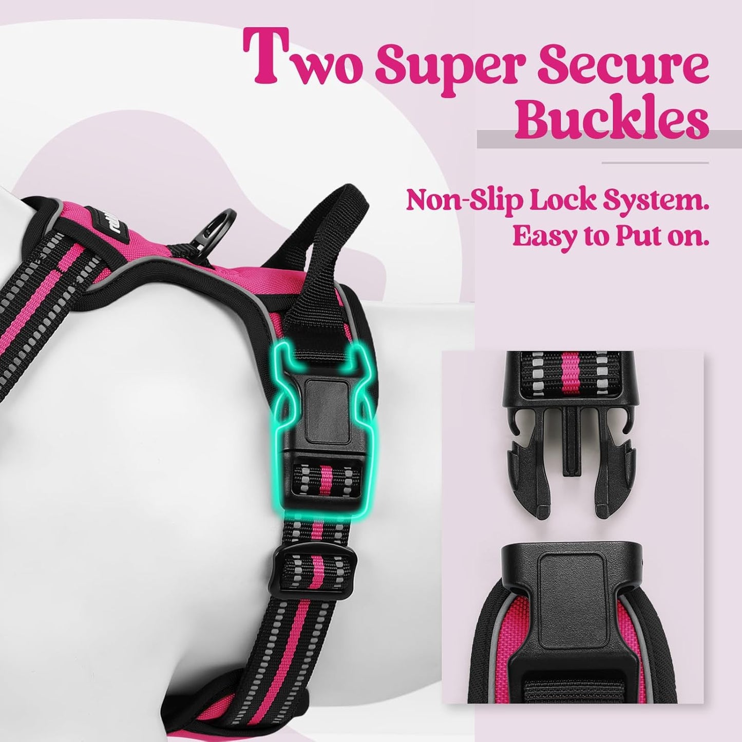 rabbitgoo Dog Harness No Pull with 2 Leash Clips, Adjustable Soft Padded, Reflective Oxford No Choke Pet Vest with Easy Control Handle for Medium Sized Dogs, Hot Pink, M