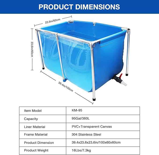PVC Fish Pond,Above Ground Fish Tank,Goldfish/Koi Pond with Clear Viewing Panel, Outdoor Canvas Aquarium with Stainless Steel Frame & Drain Valve for Outside,39.4 * 23.6 * 23.6in,95 Gallon