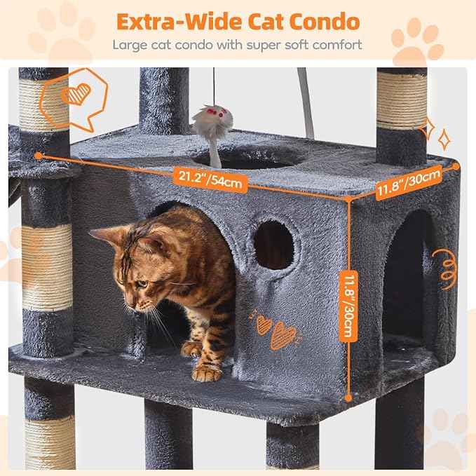 Taoqimiao Large Cat Tree，73-Inch Cat Tree Tower with 9 Scratching Posts for Indoor Cats, 2 Large Cat Condo with Hammock, Hanging Basket, 2 Extended Platform, Smoky Gray MS013XLG