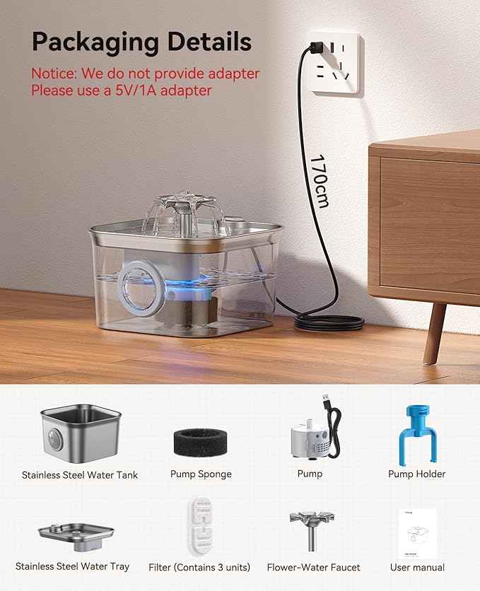Stainless Steel Cat Water Fountain, 2.8L with 20dB Ultra-Quiet Pump- Ideal for Timid Pets, LED Water Level Window, Dishwasher Safe, 24/7 Circulation- Includes 3 Replacement Filters