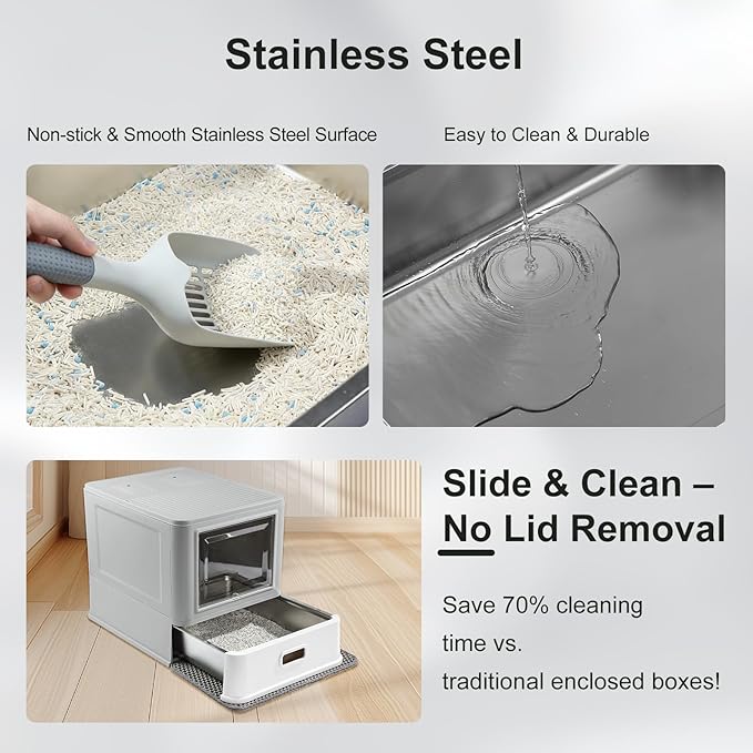 Marchul Enclosed Stainless Steel Cat Litter Box with Lid & Drawer Design for Indoor All Lifestyles Cats, Metal Covered Cat Litter Box, Baffles for Anti-Leakag, with Litter Scoop & Litter Mat
