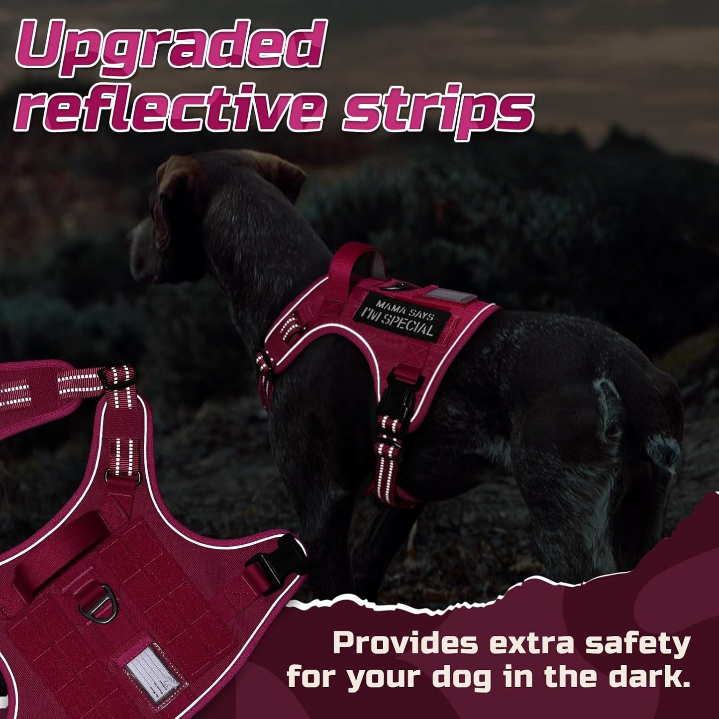 rabbitgoo Tactical Dog Harness for Large Dogs, No Pull Military Service Vest with Handle & Molle, Easy Control for Training Walking, Adjustable Reflective Straps, Rose Red, L