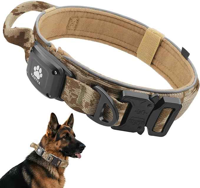 2026 Upgrade Dog Collar with IPX8 Waterproof AirTag Holder,Military Tactical Handle and Ultra-Durable Metal Buckle/Night Reflective,GPS Collar for Medium to Large Dogs (Camouflage Khaki/M)