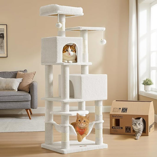 Feandrea Cat Tree, 59.5-Inch Tall Cat Tower, Plush Multi-Level Condo with 5 Scratching Posts, 2 Perches, 2 Caves, Hammock, 2 Pompoms, Cream White UPCT192T01