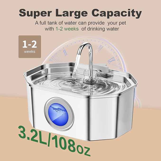 Cat Water Fountain Stainless Steel 108oz/3.2L, APAUK Automatic Pet Fountain Dog Water Dispenser with Water Level Window, Quiet Cat Fountain for Drinking, Inside with Replacement(1 Filter&1 Sponge)